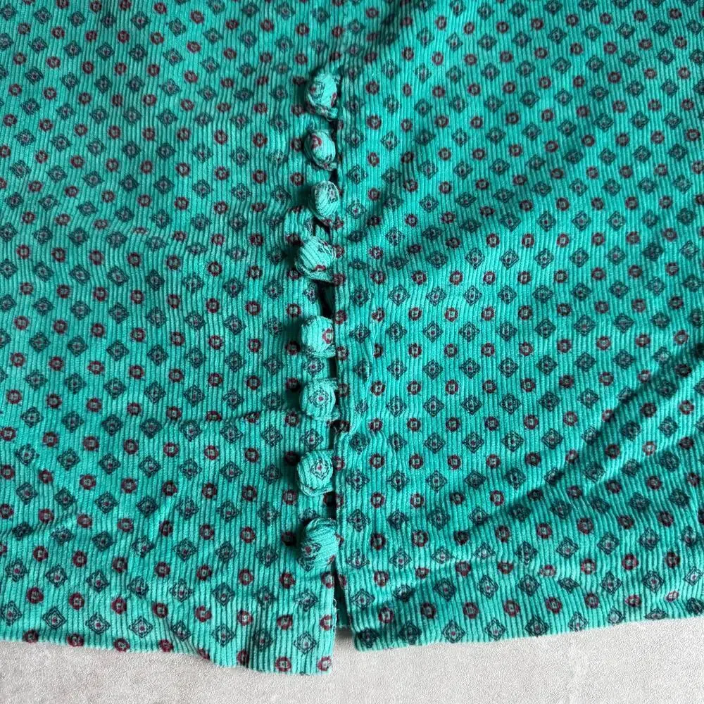 Vintage long, turquoise, geometric-patterned corduroy maxi skirt size 5/6